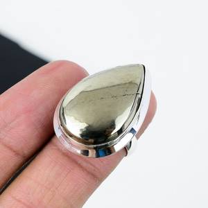 Bague ovale en pyrite dorée, argent sterling 925 plaqué rhodium, faite à la main, toutes tailles, pierre naturelle, cadeau de Noël pour femme - Product Image 5