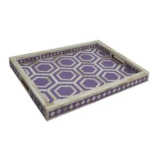 Plateau de service de luxe en incrustation d'os, géométrique, violet et blanc, plateau ottoman en incrustation d'os et de résine, cadeaux pour la maison au meilleur prix - Product Image 1