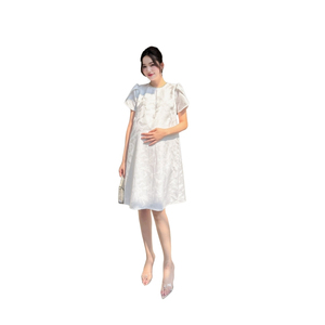 white christmas dresses Beige Floral Pleated Short Sleeve Chiffon Maternity Midi Dress – PinkBlush main image 0