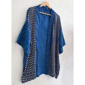 Robe de chambre en soie décontractée respirante pour femmes grandes tailles, imprimé indien patchwork, manches courtes, longueur genou, vêtements de nuit d'automne - Product Image 2