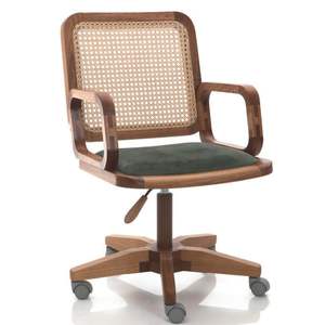 Silla de oficina de caña de ratán de inspiración vintage con base giratoria de marco de madera y cojín suave para oficina en casa hecha a mano de Indonesia - Product Image 3