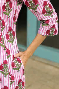ODM/OEM Wholesale Cotton Fabric <b>Block</b> <b>Printed</b> Vintage Summer Casual Maxi Pockets Long Sleeves Tie Strengthening Note Button Fits - Product Image 4