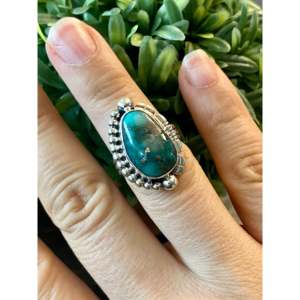 Larry Kay Kingman Turquoise & Sterling <b>Silver</b> <b>Statement</b> <b>Ring</b> Rhodium Plated Inlay Technology Size 6.5 for Everyday Wear Weddings - Product Image 2