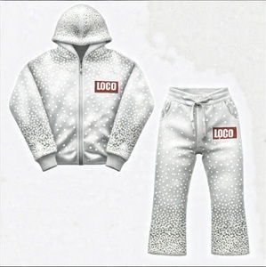 Pantalones de chándal con capucha y lavado ácido de gran tamaño personalizados para hombre, chándal con estampado Digital transpirable con diseño de llamarada y diamantes de imitación - Product Image 4