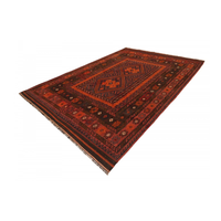 Handgefertigter marokkanischer rot-orangefarbener abstrakt geometrischer Woll-Knoten-Teppich, Super Kazak, rechteckig, umweltfreundlich, Premium, rutschfest, niedriger Flor