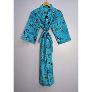 Robe Kimono Bohème Imprimée à la Main en Pur Coton, Vêtement de Plage, Motif Poisson de l'Océan - Product Image 3