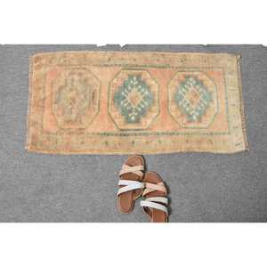 Turkish Vintage Rug, 1.7x3.1 ft Small Rug, <b>Brown</b> Green Striped <b>Wool</b> Rug - Product Image 5
