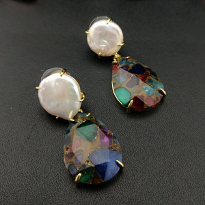 ขายส่งกำหนดเอง ONYX & Lapis Lazuli ต่างหูพลอยธรรมชาติไข่มุกเครื่องประดับตุ้งติ้งที่มีโลโก้ที่กำหนดเองสำหรับผู้หญิง - Product Image 3