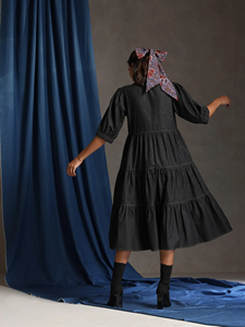 ชุดเดรสมิดิน่ารักเรียบง่ายสำหรับผู้หญิงใส่สบายผ้าเดนิมแบ่งชั้นทุกวันสไตล์ง่ายๆสวมใส่สบาย-เดนิมสีชาร์โคล - Product Image 3