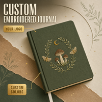 Carnet personnalisé brodé LABON, couverture rigide en lin vert forêt, motif champignon, papillon, couronne, croissant de lune doré, papier de fin de page botanique