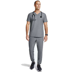 Ensemble de blouses médicales extensibles grises pour hommes, col en V, uniforme d'hôpital, haute qualité, logo personnalisé, fabriqué par Star Figure Enterprises (PayPal) - Product Image 2