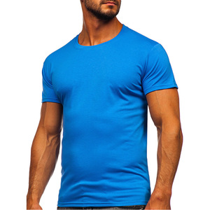 เสื้อยืดคอกลมแขนสั้นทรงเข้ารูปสำหรับผู้ชาย สีพื้น ผ้าเจอร์ซีย์ถัก โลโก้ด้านหน้า ระบายอากาศ แห้งเร็ว สไตล์สตรีทแวร์ สีน้ำเงิน - Product Image 1