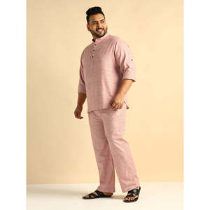 Amanush <b>Men's</b> Pink Handloom Texture Plaid Cotton Plus Size <b>Kurta</b> For <b>Men</b> With Mandarin Collar And Three Quarter Sleeves - Product Image 3