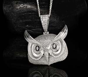 Moissanite Full Diamond Iced Out Pendentif Hibou Collier Chouette en Argent Sterling Médaillon Bijoux Gothiques Cadeau Lui Ses Yeux Noirs - Product Image 1
