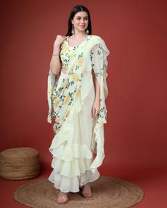 El último diseñador Georgette Bordado Secuencia Trabajo listo para usar Sari - Product Image 1