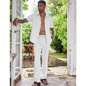 Camisa con botones Pantalones sueltos Conjunto de 2 piezas de calidad premium Ropa de playa de manga larga Trajes de yoga informal con bolsillo Conjuntos para hombres - Product Image 3