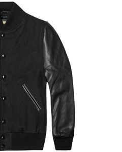 Chaqueta Universitaria para Hombre, Cuerpo Negro, Mangas de Cuero Negro, Cuello Acanalado, Botones a Presión, Estilo Bomber Clásico - Product Image 3