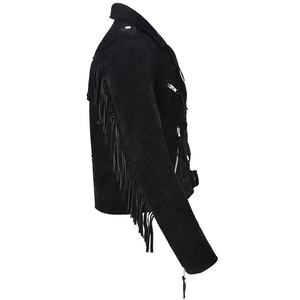 Veste en cuir suédé à franges noires pour femme, veste en cuir de Style moto en peau de mouton véritable - Product Image 3