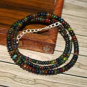 Pendentif en opale de feu éthiopienne noire perlée, 3-5 mm, Welo, lisse, rondelle, 16 pouces, en argent sterling, bijoux en pierres précieuses pour enfants - Product Image 5