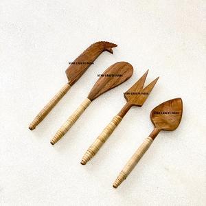 Rebanadora de queso hecha a mano SCI, vendedor superior, accesorios de cocina, 4 Uds., Mini cuchillo de queso Simple de madera de acacia con mango de mimbre y Ratán - Product Image 3