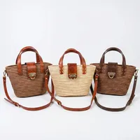 Sac fourre-tout décontracté en raphia tressé avec deux poignées, doublure en coton, sac à bandoulière portable, fermeture à fermoir, sac à bandoulière croisé, pour la plage et usage quotidien ANA