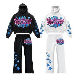 Forte demande Ensembles deux pièces de pantalons de survêtement à capuche avec logo Ensemble de pantalons évasés à capuche surdimensionnés en coton éponge français à impression bouffante 3D - Product Image 5