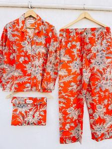 Conjunto de Pijama Informal de Algodón con Estampado Floral Digital, Corte Ajustado, Transpirable, Ropa de Dormir para Verano, Estilo Indio, Cuello en V, Largo Completo - Product Image 3