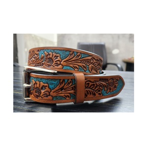 เข็มขัดหนังม้าสีน้ำตาลเทอร์ควอยซ์ลายดอกไม้สำหรับทุกเพศเข็มขัดลูกปัดหัวเข็มขัดแฟนซีออกแบบได้ตามต้องการ - Product Image 1