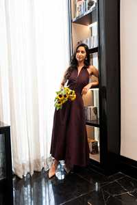 Belize Summer Maxi <b>Linen</b> <b>Dress</b> Deep V Neckline Soft Tiers Halter Button-Down Woven Waistline Eco-Friendly Solid Pattern Lace - Product Image 3