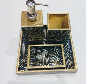 Enamel MDF Wooden MDF Bath Hex Decor Bathroom Accessory <b>Set</b> of 4 Liquid <b>Soap</b> Dispenser 2 Tumblers <b>Soap</b> Tray - Product Image 6