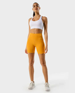 Mallas cortas de entrenamiento de Yoga de nailon a juego con logotipo personalizado, pantalones cortos de motorista de gimnasio sin costuras acanalados para mujer - Product Image 2