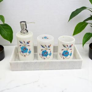 Juego de artículos de tocador de mármol blanco de 4 piezas hechos a mano de lujo con exquisitas incrustaciones de flores, elegante accesorio de baño de piedra Natural - Product Image 1