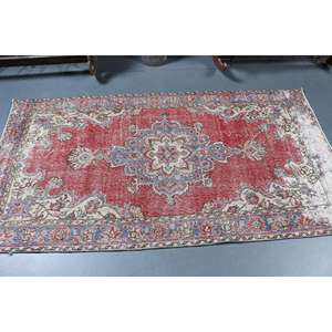 Alfombra Turca Vintage, Alfombra de 3.6x6.9 pies, Alfombra Floral Roja y Azul - Product Image 3