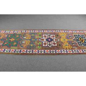 Vintage Turkish Rug 3.2x10.6 ft Eco Friendly Herki <b>Brown</b> Bordered Patchwork <b>Wool</b> Rug with Latex Backing - Product Image 3