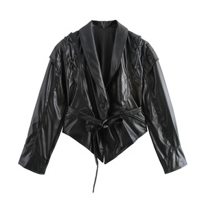 <b>Women</b> Spring Fashion Stylish PU Leather Short Jacket Streetstyle Shawl Collar Windproof Button <b>Girdle</b> formal Leather Jacket - Product Image 5