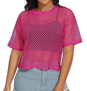 Camiseta corta holgada de Color rosa de manga corta con Base de malla transparente para mujer, ropa de abrigo de otoño, camiseta sin mangas informal recortada, camisetas de malla - Product Image 1