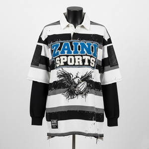 Maillot de rugby pour homme en jersey de coton lourd 240 GSM, design à panneaux rayés noir et blanc, broderie, impression de logo personnalisé, évacuation de l'humidité - Product Image 6