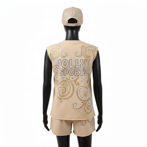 <b>Women</b> sleeveless t shirt and <b>short</b> <b>set</b> premium cotton jersey rhinestone heat transfer logo custom wear 100% Cotton <b>Women's</b> <b>Sets</b> - Product Image 2