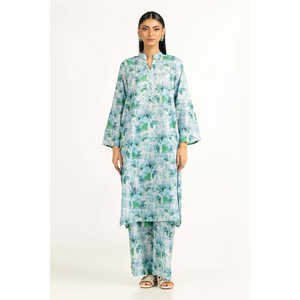 Ensemble coordonné décontracté pour femmes, bleu ciel, imprimé en tissu cambric, crêpe 100% coton respirant, haut à manches trois-quarts, deux pièces - Product Image 1