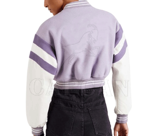 Chaquetas con letras de cuero de piel de oveja recortadas para mujer personalizables 2024 parches bordados transpirables con forro de lana Pakistán - Product Image 3