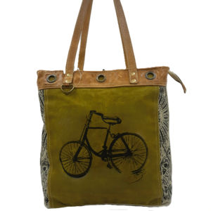 กระเป๋าผ้าใบวินเทจพิมพ์ลายจักรยานและสายหนังกระเป๋าสะพายสไตล์อเมริกันย้อนยุคสำหรับใช้ในชีวิตประจำวันและการเดินทาง - Product Image 2