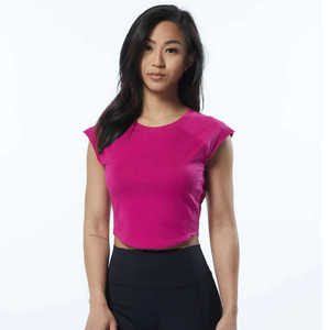 Fit 95% coton 5% Spandex ajusté mancherons Raglan en forme de col rond femmes Arcade rose Scoop ourlet Crop T-Shirts - Product Image 1