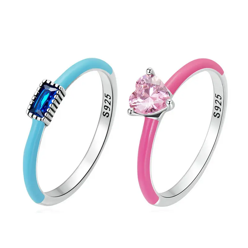 Wholesale fashion 925 silver zircon heart blue enamel ring