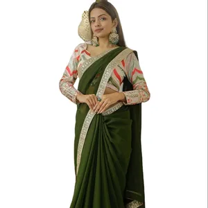 Simran Zijde Groen Gekleurde Zware Draad Geborduurde Designer Saree Voor Vrouwen En Tienermeisjes