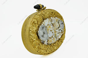 Gold Oval Metal <b>Clutch</b> with Natural Shell Stone Inlay Pearl Detailing and Sculpted Frame Designer Evening <b>Bag</b> handmade <b>clutch</b> - Product Image 2