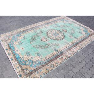 พรมวินเทจขนาด 5.4x8.7 ฟุต พรมตุรกีขนาดใหญ่ พรมขนสัตว์ลายดอกไม้สีน้ำเงินเขียว - Product Image 3