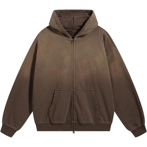 Sudadera con capucha de gran tamaño Unisex con logotipo personalizado de moda Vintage marrón de gran tamaño con cremallera Sudadera con capucha de peso pesado Fleece Drop Shoulder - Product Image 1