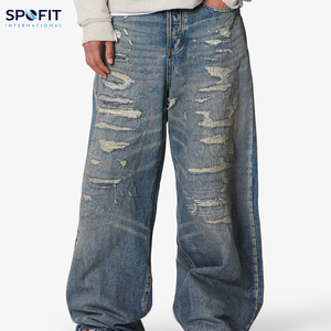 Jeans en denim brodés délavés pour hommes, style streetwear pas cher, coupe ample, jambe droite, large - Product Image 5