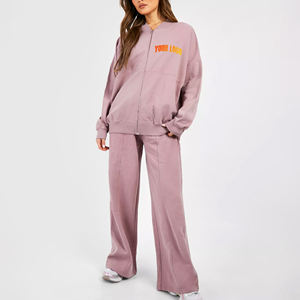 Ensemble survêtement court zippé à capuche et pantalon de jogging pour femme, rose personnalisé, 100 % polyester, vente en gros pour la mode - Product Image 4