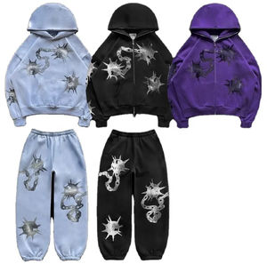 Ensemble pantalon de survêtement et sweat à capuche zippé unisexe avec logo personnalisé Survêtement vintage pour homme avec strass pour le printemps - Product Image 4